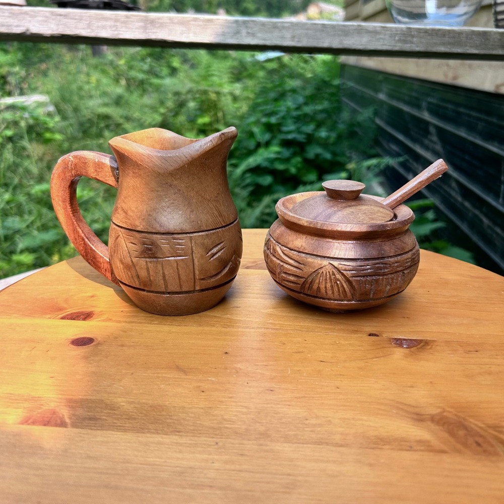 Vintage Monkey Pod Wood Cream Sugar Set Brown Hand Carved MCM Rosas Artcraft